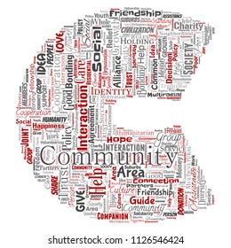 Vector conceptual community, social, connection letter font C red word cloud isolated background. Collage of group, teamwork, diversity, friendship, communication, inclusion, care, respect concept
