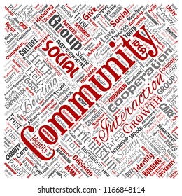 Vector conceptual community, social, connection square red word cloud isolated background. Collage of group, teamwork, diversity, friendship, communication, inclusion, care, respect concept