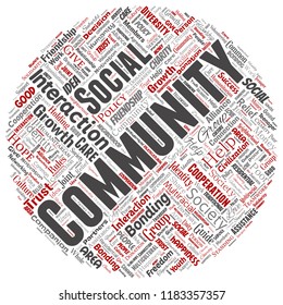 Vector conceptual community, social, connection round circle red word cloud isolated background. Collage of group, teamwork, diversity, friendship, communication, inclusion, care, respect concept