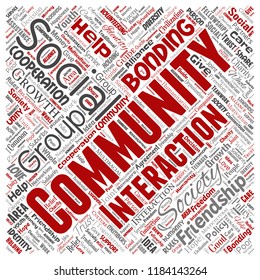 Vector conceptual community, social, connection square red word cloud isolated background. Collage of group, teamwork, diversity, friendship, communication, inclusion, care, respect concept
