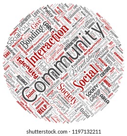 Vetor comunidade conceitual, social, círculo de conexão círculo vermelho palavra nuvem isolada fundo. Colagem de grupo, trabalho em equipe, diversidade, amizade, comunicação, inclusão, cuidado, conceito de respeito