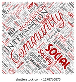 Vector conceptual community, social, connection square red word cloud isolated background. Collage of group, teamwork, diversity, friendship, communication, inclusion, care, respect concept