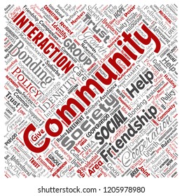 Comunidad conceptual vectorial, social, conexión cuadrada de la nube de palabras rojas aislado fondo. Collage de grupo, trabajo en equipo, diversidad, amistad, comunicación, inclusión, cuidado, respeto concepto