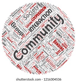 Vetor comunidade conceitual, social, círculo de conexão círculo vermelho palavra nuvem isolada fundo. Colagem de grupo, trabalho em equipe, diversidade, amizade, comunicação, inclusão, cuidado, conceito de respeito