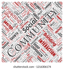 Vector conceptual community, social, connection square red word cloud isolated background. Collage of group, teamwork, diversity, friendship, communication, inclusion, care, respect concept