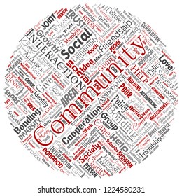 Vector conceptual community, social, connection round circle red word cloud isolated background. Collage of group, teamwork, diversity, friendship, communication, inclusion, care, respect concept