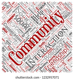 Vector conceptual community, social, connection square red word cloud isolated background. Collage of group, teamwork, diversity, friendship, communication, inclusion, care, respect concept