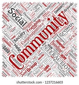 Vector conceptual community, social, connection square red word cloud isolated background. Collage of group, teamwork, diversity, friendship, communication, inclusion, care, respect concept