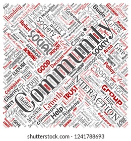 Vector conceptual community, social, connection square red word cloud isolated background. Collage of group, teamwork, diversity, friendship, communication, inclusion, care, respect concept