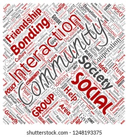Vector conceptual community, social, connection square red word cloud isolated background. Collage of group, teamwork, diversity, friendship, communication, inclusion, care, respect concept
