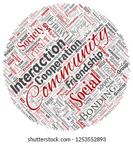 Vector conceptual community, social, connection round circle red word cloud isolated background. Collage of group, teamwork, diversity, friendship, communication, inclusion, care, respect concept