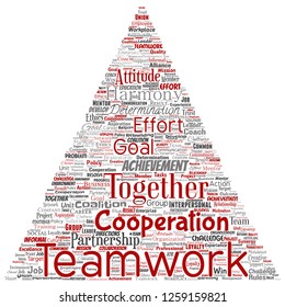Vector conceptual community, social, connection triangle arrow red word cloud isolated background. Collage of group, teamwork, diversity, friendship, communication, inclusion, care, respect concept