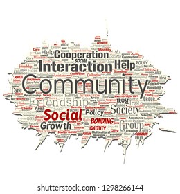 Comunidad conceptual vectorial, social, conexión vieja de papel desgarrado nube aislado fondo. Collage de grupo, trabajo en equipo, diversidad, amistad, comunicación, inclusión, cuidado, respeto concepto