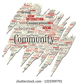 Vector conceptual community, social, connection old torn paper word cloud isolated background. Collage of group, teamwork, diversity, friendship, communication, inclusion, care, respect concept