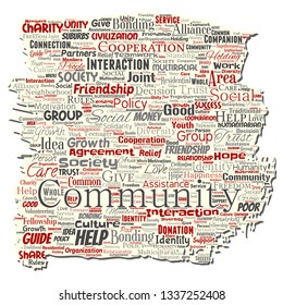Vector conceptual community, social, connection old torn paper word cloud isolated background. Collage of group, teamwork, diversity, friendship, communication, inclusion, care, respect concept
