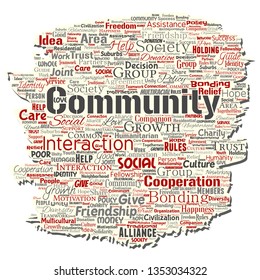 Vector conceptual community, social, connection old torn paper word cloud isolated background. Collage of group, teamwork, diversity, friendship, communication, inclusion, care, respect concept