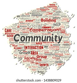 Vektor konzeptuelle Gemeinschaft, sozial, Verbindung alten zerrissenen Papier Wort Cloud isolierten Hintergrund. Kollektion von Gruppen, Teamwork, Vielfalt, Freundschaft, Kommunikation, Inklusion, Betreuung, Respektskonzept