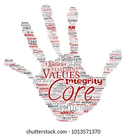 Vector conceptual core values integrity ethics hand print stamp concept word cloud isolated background. Collage of honesty quality trust, statement, character, perseverance, respect and trustworthy
