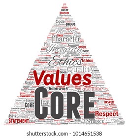 Vector conceptual core values integrity ethics triangle arrow concept word cloud isolated background. Collage of honesty quality trust, statement, character, perseverance, respect and trustworthy
