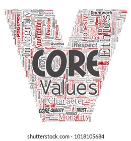 Vector conceptual core values integrity ethics letter font V concept word cloud isolated background. Collage of honesty quality trust, statement, character, perseverance, respect and trustworthy