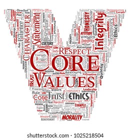Vector conceptual core values integrity ethics letter font V concept word cloud isolated background. Collage of honesty quality trust, statement, character, perseverance, respect and trustworthy