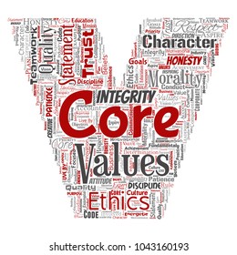 Vector conceptual core values integrity ethics letter font V concept word cloud isolated background. Collage of honesty quality trust, statement, character, perseverance, respect and trustworthy