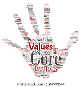 Vector conceptual core values integrity ethics hand print stamp concept word cloud isolated background. Collage of honesty quality trust, statement, character, perseverance, respect and trustworthy