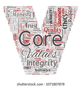 Vector conceptual core values integrity ethics letter font V concept word cloud isolated background. Collage of honesty quality trust, statement, character, perseverance, respect and trustworthy