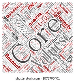 Vector conceptual core values integrity ethics square red concept word cloud isolated background. Collage of honesty quality trust, statement, character, perseverance, respect and trustworthy