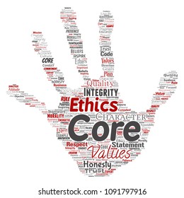 Vector conceptual core values integrity ethics hand print stamp concept word cloud isolated background. Collage of honesty quality trust, statement, character, perseverance, respect and trustworthy
