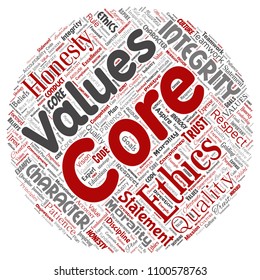 Vector conceptual core values integrity ethics round circle red concept word cloud isolated background. Collage of honesty quality trust, statement, character, perseverance, respect and trustworthy