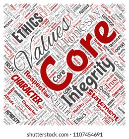 Vetor conceitual núcleo valores integridade ética quadrado vermelho conceito palavra nuvem isolado fundo. Colagem de qualidade honestidade confiança, declaração, caráter, perseverança, respeito e confiável