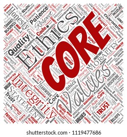 Vector conceptual core values integrity ethics square red concept word cloud isolated background. Collage of honesty quality trust, statement, character, perseverance, respect and trustworthy