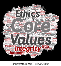 Vector conceptual core values integrity ethics paint brush paper concept word cloud isolated background. Collage of honesty quality trust, statement, character, perseverance, respect and trustworthy