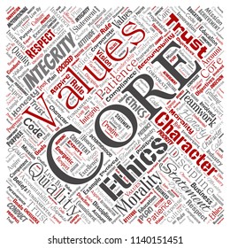 Vector conceptual core values integrity ethics square red concept word cloud isolated background. Collage of honesty quality trust, statement, character, perseverance, respect and trustworthy