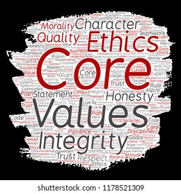 Vector conceptual core values integrity ethics paint brush paper concept word cloud isolated background. Collage of honesty quality trust, statement, character, perseverance, respect and trustworthy