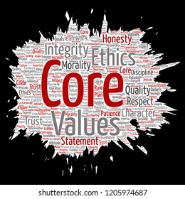 Vector conceptual core values integrity ethics paint brush paper concept word cloud isolated background. Collage of honesty quality trust, statement, character, perseverance, respect and trustworthy