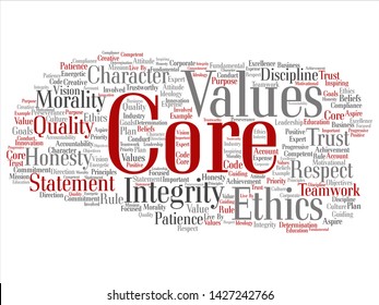 Vector Conceptual Core Values Integrity Ethics Abstract Concept Word Cloud Isolated Background. Collage Of Honesty Quality Trust, Statement, Character, Important Perseverance, Respect Trustworthy Text