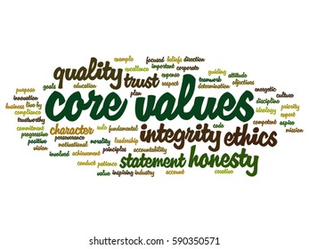 Vector conceptual core values integrity ethics abstract concept word cloud isolated on background metaphor to honesty, quality, trust, statement, character, important, perseverance respect trustworthy