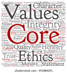 Vector conceptual core values integrity ethics square concept word cloud isolated on background metaphor to honesty, quality, trust, statement, character, important, perseverance, respect trustworthy