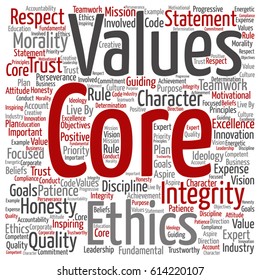 Vector conceptual core values integrity ethics square concept word cloud isolated on background