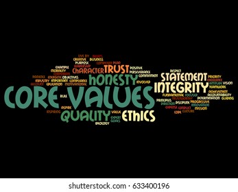 Vector conceptual core values integrity ethics abstract concept word cloud isolated background. Collage of honesty quality trust, statement, character, important perseverance, respect trustworthy text