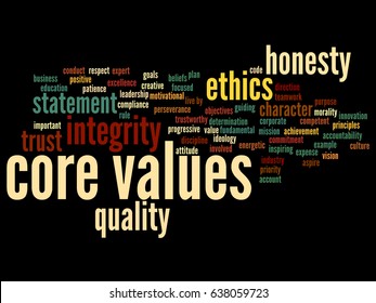 Vector conceptual core values integrity ethics abstract concept word cloud isolated background. Collage of honesty quality trust, statement, character, important perseverance, respect trustworthy text