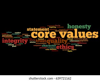 Vector conceptual core values integrity ethics abstract concept word cloud isolated background. Collage of honesty quality trust, statement, character, important perseverance, respect trustworthy text