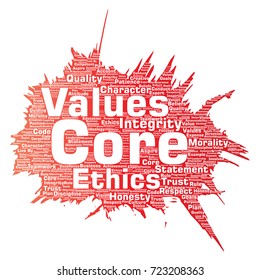 Vector conceptual core values integrity ethics paint brush concept word cloud isolated background. Collage of honesty quality trust, statement, character, perseverance, respect and trustworthy