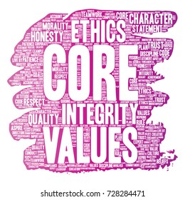 Vector conceptual core values integrity ethics paint brush concept word cloud isolated background. Collage of honesty quality trust, statement, character, perseverance, respect and trustworthy