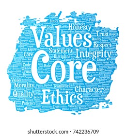 Vector conceptual core values integrity ethics paint brush concept word cloud isolated background. Collage of honesty quality trust, statement, character, perseverance, respect and trustworthy