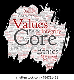 Vector conceptual core values integrity ethics paint brush paper concept word cloud isolated background. Collage of honesty quality trust, statement, character, perseverance, respect and trustworthy