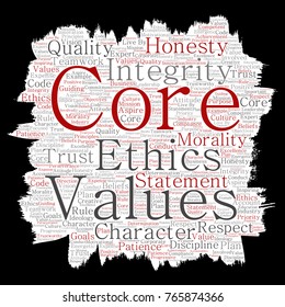 Vector conceptual core values integrity ethics paint brush paper concept word cloud isolated background. Collage of honesty quality trust, statement, character, perseverance, respect and trustworthy