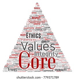 Vector conceptual core values integrity ethics triangle arrow concept word cloud isolated background. Collage of honesty quality trust, statement, character, perseverance, respect and trustworthy
